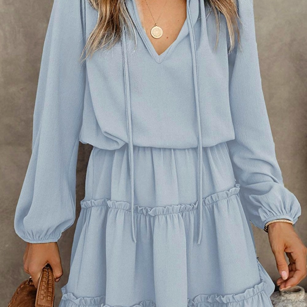 BTFBM Women Casual Dresses V Neck Tie Neck Long Sleeve High Waist Dress LT Blue